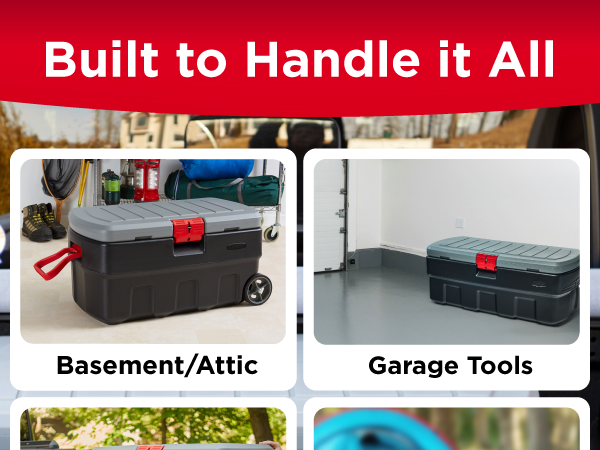 Image of strong storage case with text reading basement attic gear.