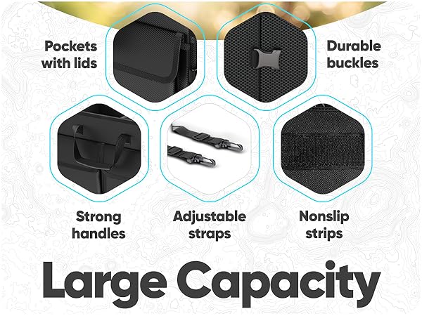 Trunk Organizer full of items, strong handles, non slip bottom, adjustable straps, side pockets