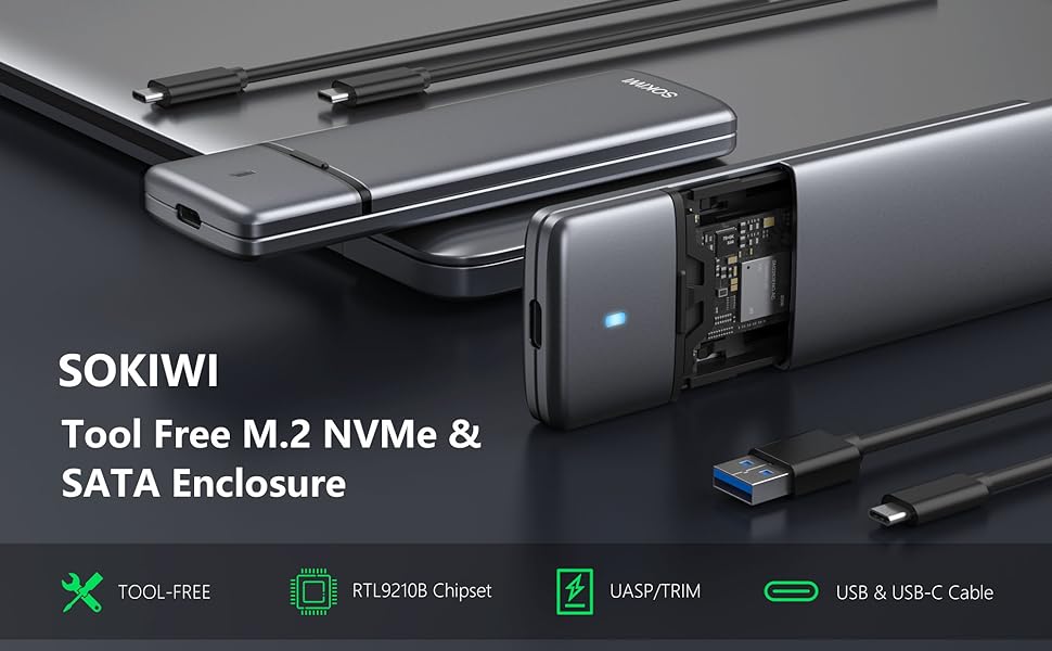 USB C to M.2 NVME STAT Enclosure Adapter, Tool-Free, RTL9210B Chips
