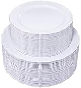 U-QE 100 Pieces White Disposable Plates - Premium Hard Plastic Plates for Wedding and Party Use I...