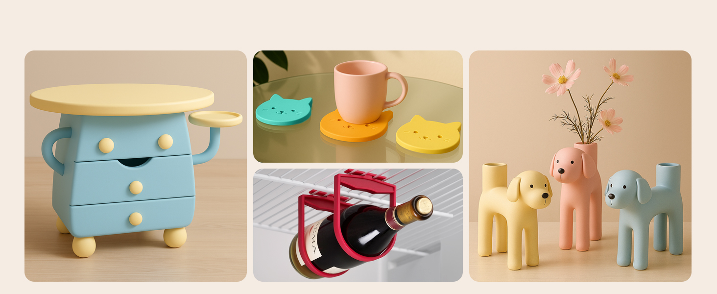 Wall-mounted display showing small decorative items including what appears to be light blue and beige miniature objects.