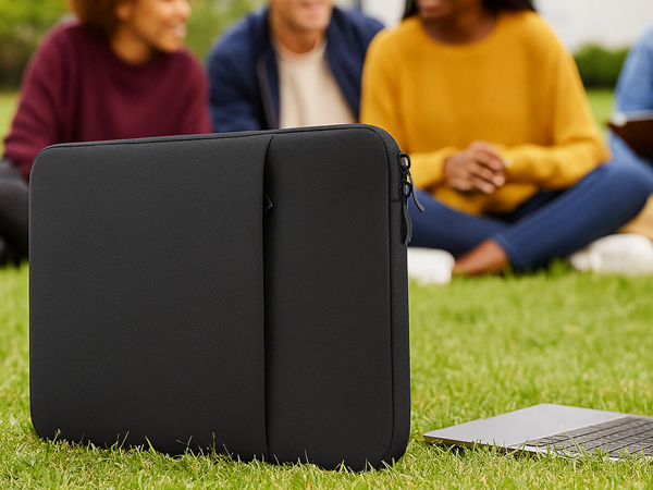 Series of images showing people sitting outdoors on grass with black electronic devices, appearing to be a group study or social gathering scenario.