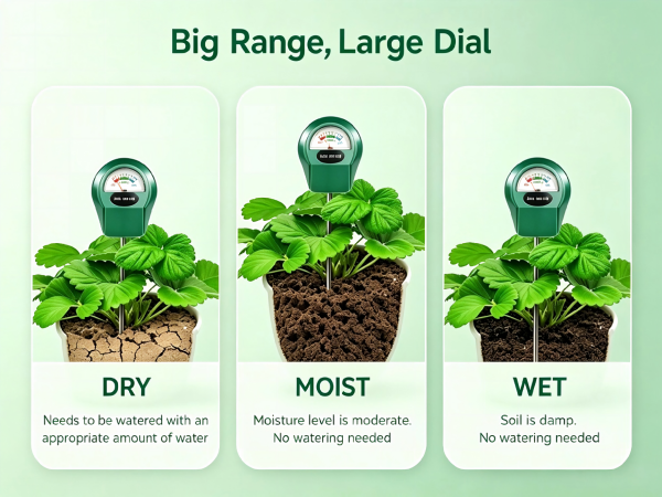 Zoiydals soil moisture meter showing dry, moist and wet levels for proper plant watering