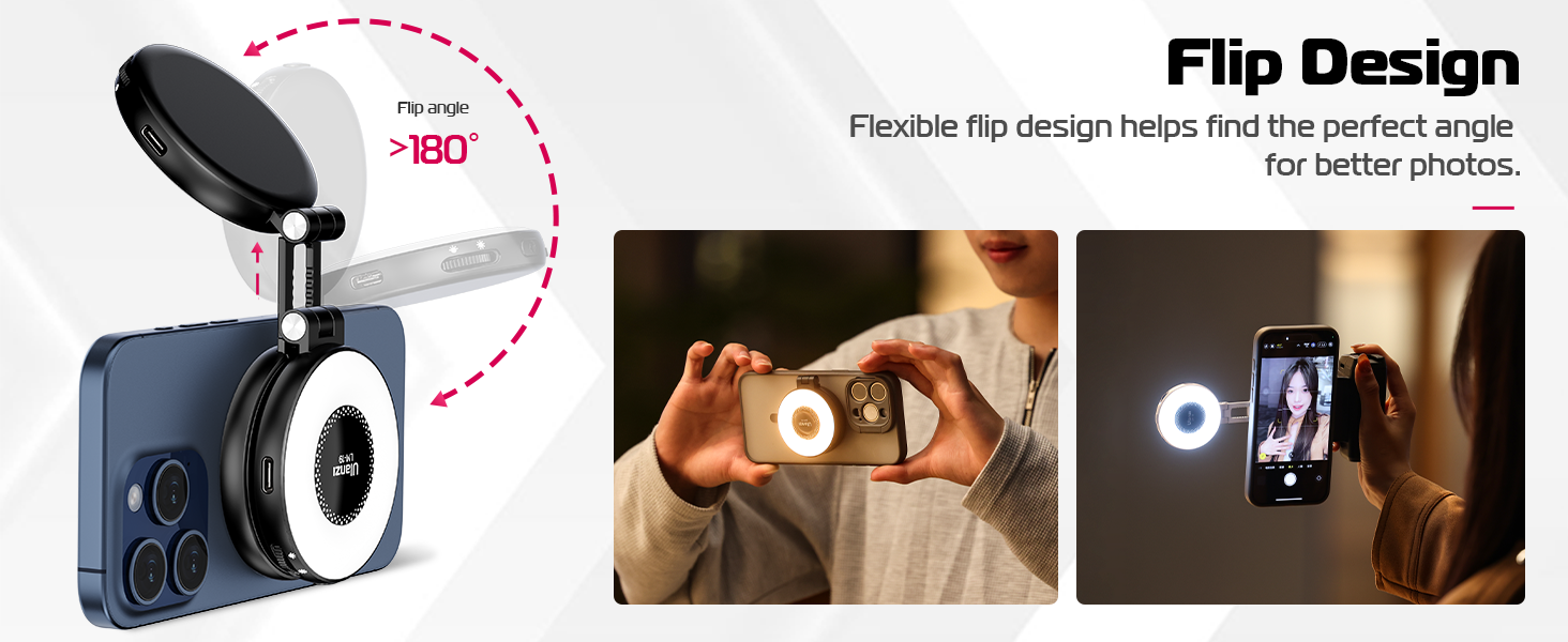 Reversible Design The simple pull-tab design can be quickly flipped into a selfie light photography