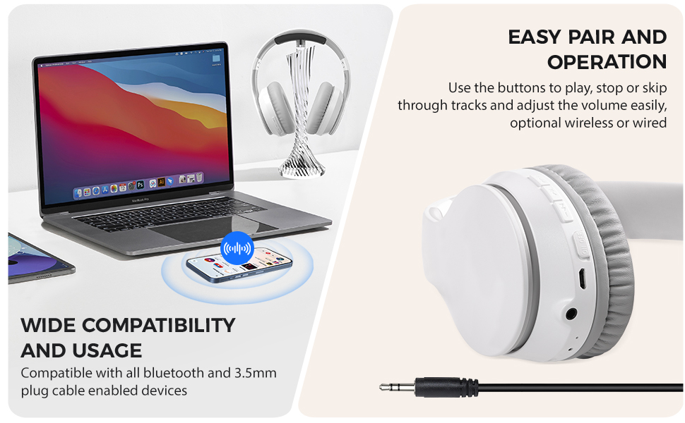 Text reads "EASY PAIR AND CONNECTION" and "WIDE COMPATIBILITY AND USAGE Compatible with all Bluetooth and 3.5mm jack enabled devices". White wireless headphones displayed with laptop and audio jack cable.