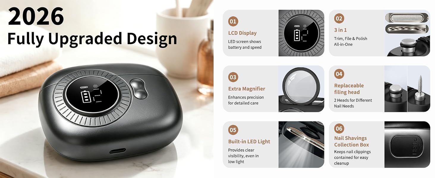 2026 upgraded design. lcd display, extra magifier, replaceable filing head, led light