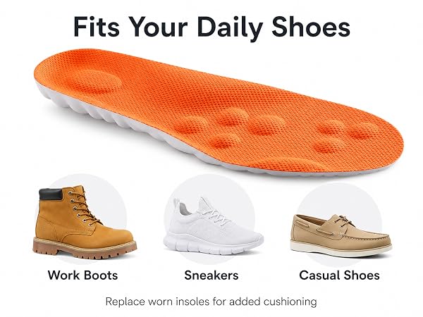 Orange PU insoles compatible with work boots, sneakers, and casual shoes