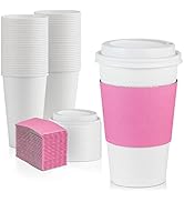 Fit Meal Prep [50 Pack] White Coffee Cups with Dome Lids and Pink Sleeves - 16 oz Disposable Pape...