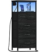 Furnulem Vertical Dresser with Charging Station and LED Lights, Black Chest of Drawers with Shelf...
