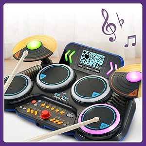 Drum Pad lights up as kid follows along, drumming to the beat.
