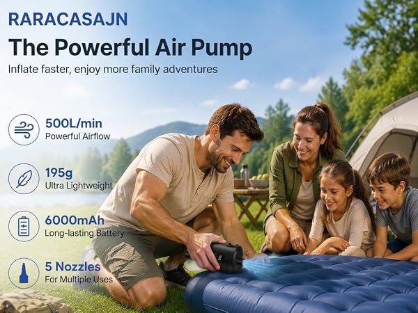 Portable electric air pump inflating air mattress during family camping outdoors
