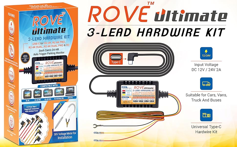 dash cam hardwire kit for rove r3 dash cam, r2-4k dash cam, r2-4k pro dashcam, r2-4k dual dash cam