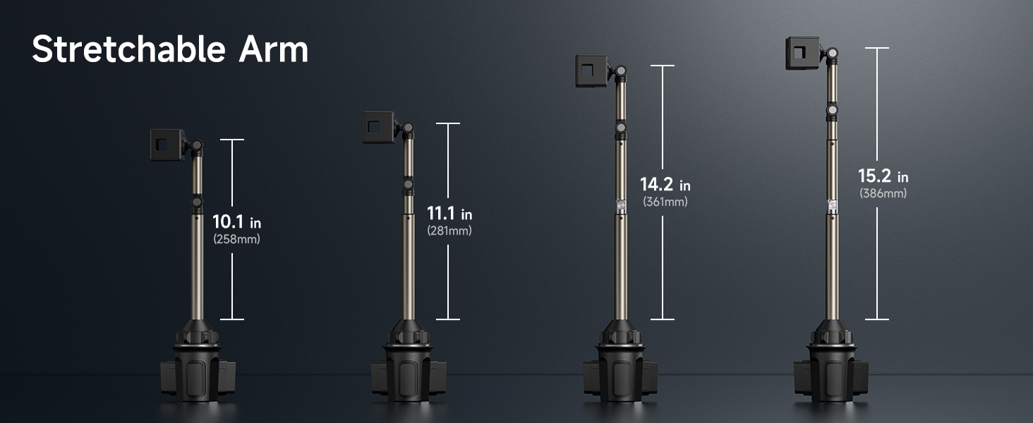 Technical diagram showing four positions of an adjustable mounting arm, with height measurements ranging from 10.1 to 15.2 inches.