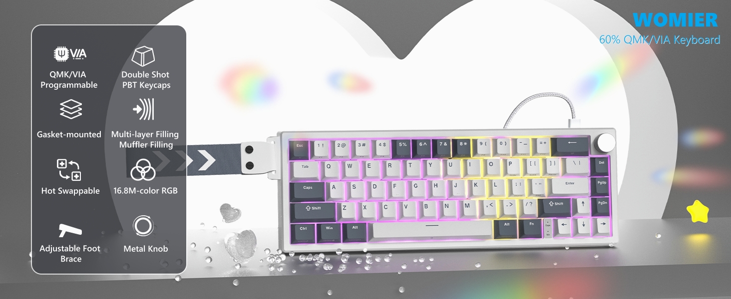 60% Gaming Keyboard Pink, QMK/VIA Creamy Mechanical Keyboard Topographic, Hot Swappable