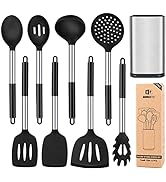 Silicone Cooking Utensil Set, 8Pcs Non-stick Cookware with Stainless Steel Handle, BPA Free Heat ...