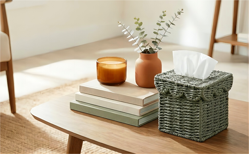 Tissue Box Cover w/Scalloped Lid for Bathroom Decor, Living Room Table Decor