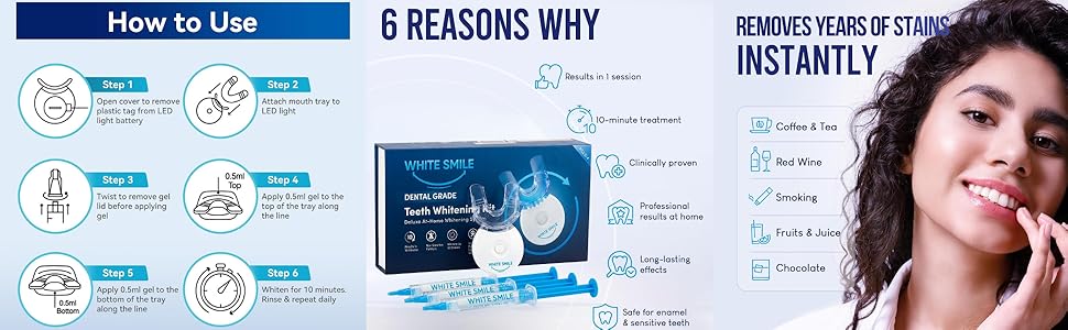 LED Teeth Whitening Kit effectively removes stains from coffee, smoking, wine, soda, and food.