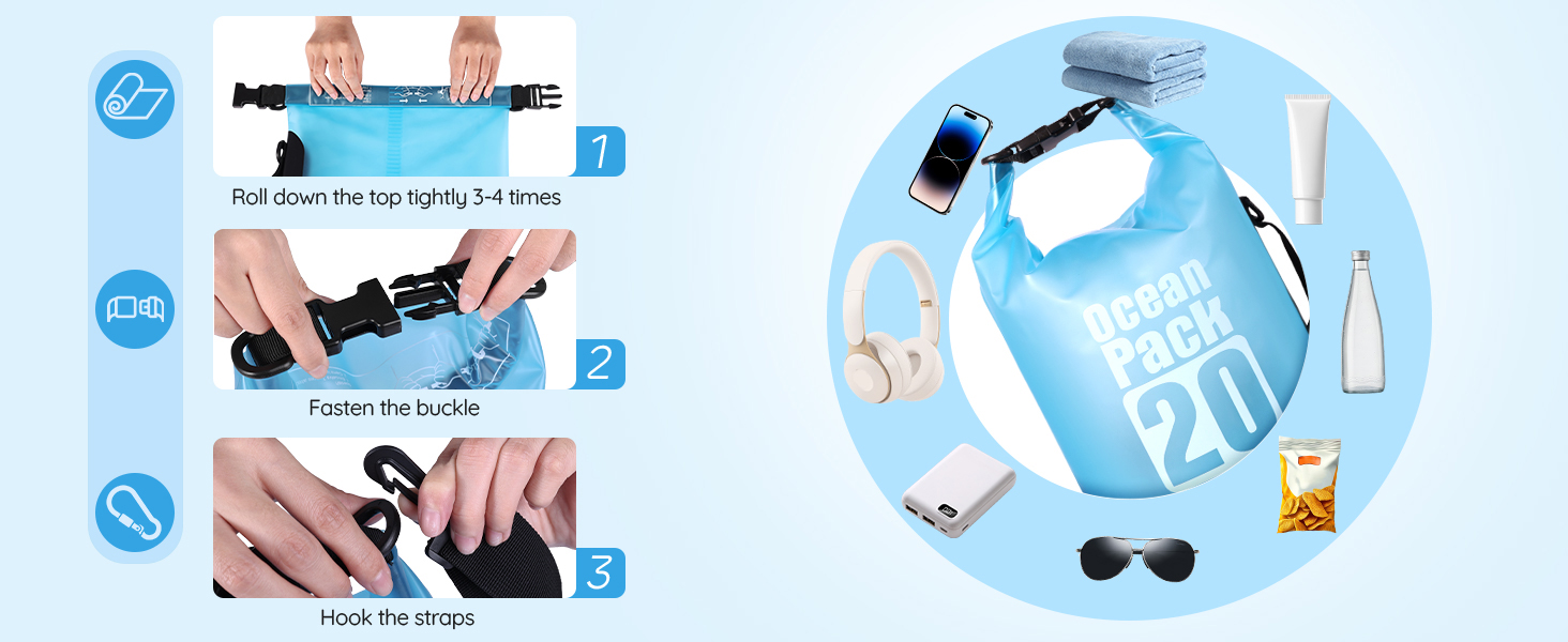 3-step guide to use waterproof dry bag: roll top, fasten buckle, hook straps