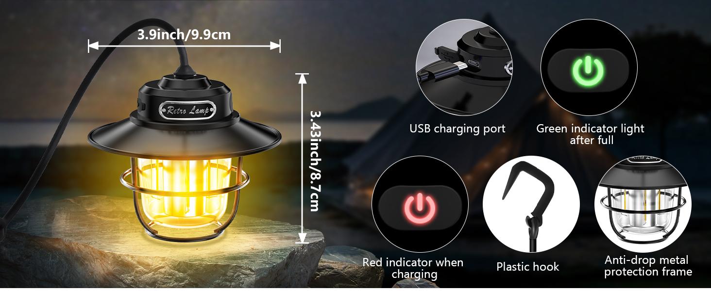 Portable LED camping lantern with USB charging port, power indicator lights, plastic hook, and metal protective frame. Features 3.9-inch diameter and 5.9-inch height, emitting warm yellow light.