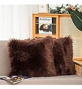 HYSEAS Set of 2 Decorative Faux Fur Throw Pillow Covers, Brown Fluffy Soft Fuzzy Square Cushion C...