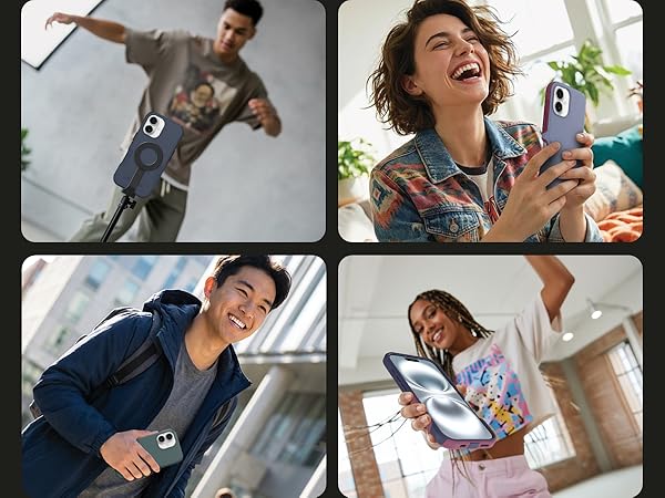 lifestyle images showing commuter case used for recording, video call, on the go, and dancing