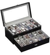 AUTOARK Leather &amp; Velvet 24 Watch Box Glass Top Jewelry Display Drawer Lockable Case Organizer,Re...