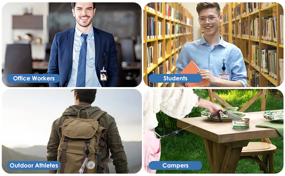 Grid of four lifestyle photos showing different settings: office, library, outdoor adventure, and campus environment.