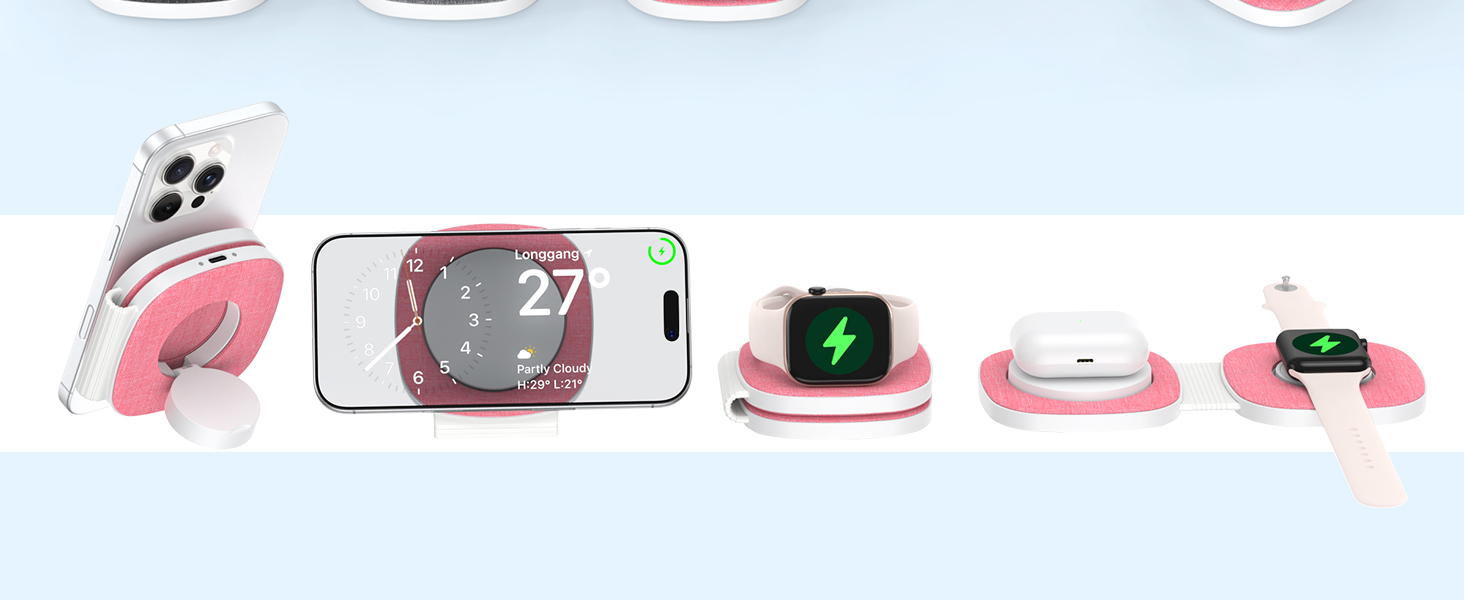 Series of product views showing a pink and white charging stand displaying '27' on a digital screen. Multiple angles demonstrate wireless charging functionality for smart devices.
