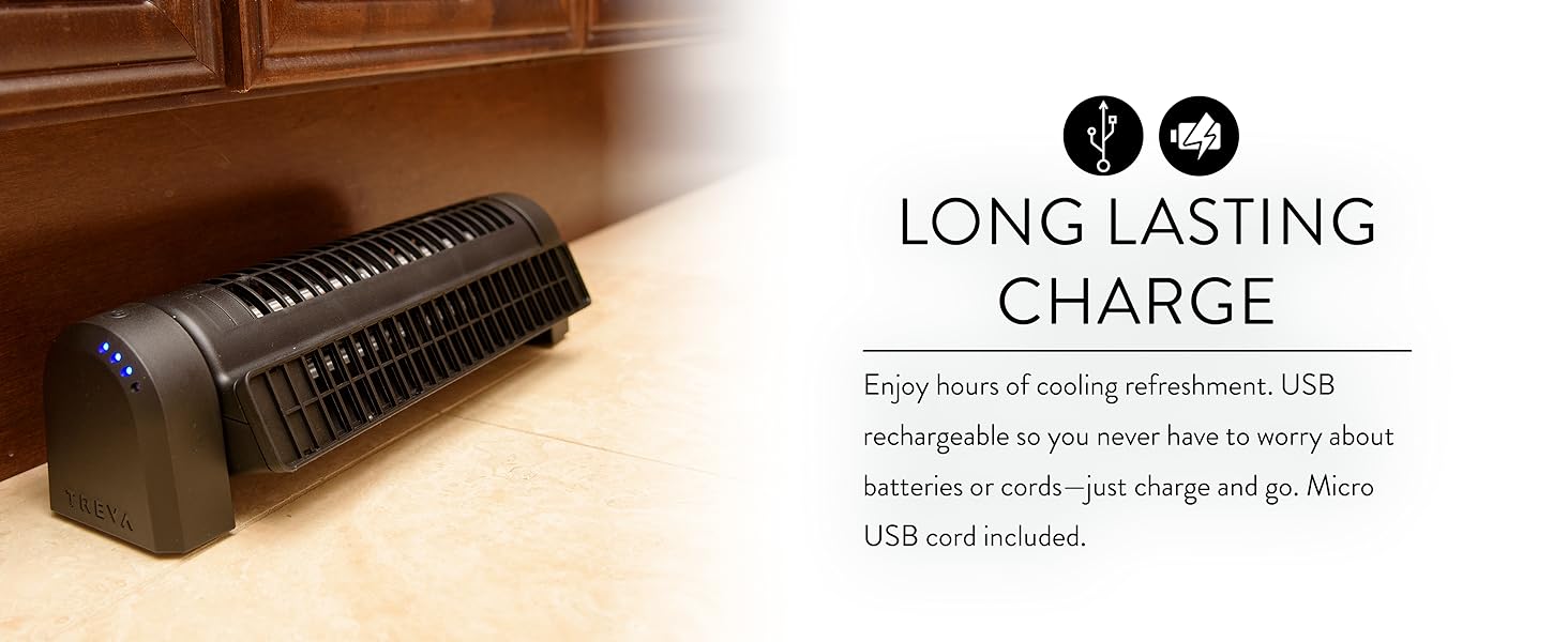 Treva Body Breeze Rechargeable on ground closeup powered on long lasting charge