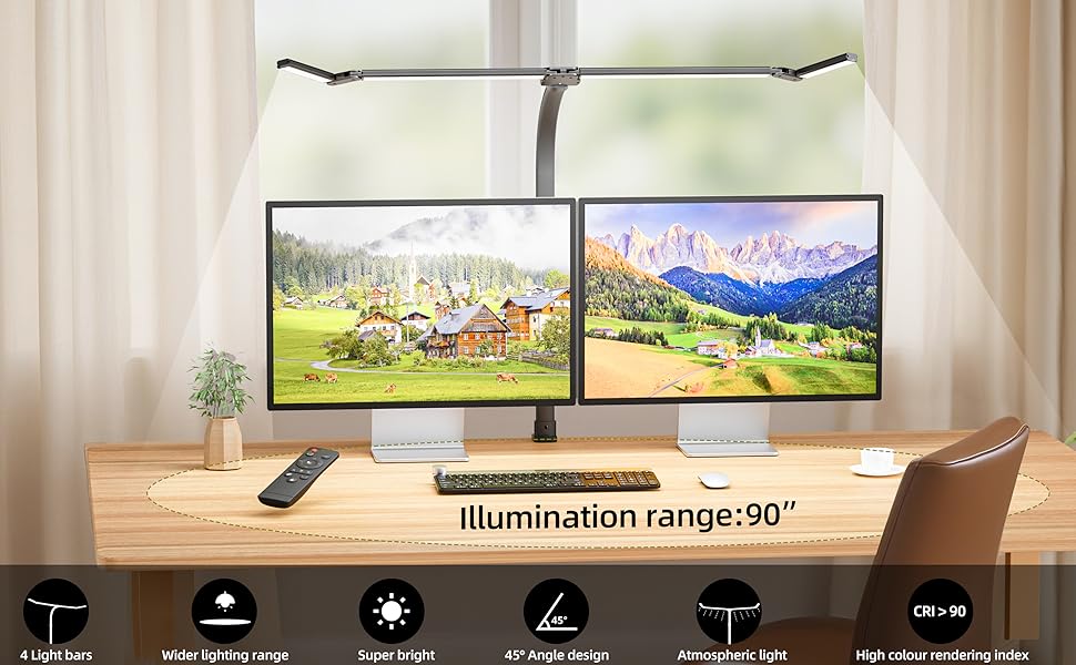 Dual-Monitor LED Desk Lamp with 90-inch Wide Illumination Range, 4 Light Bars
