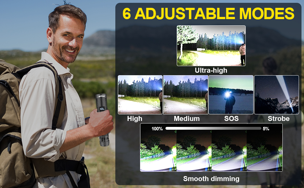 6 Modes, Dimmable Flashlight