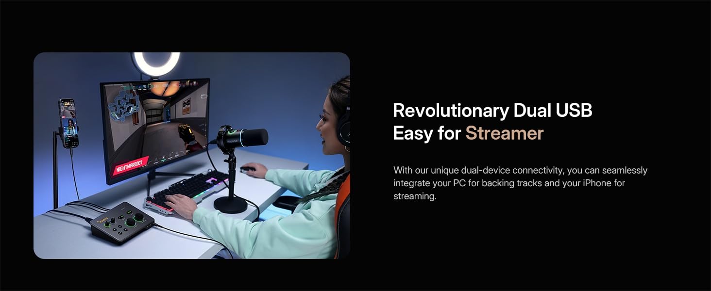 Game streamer playing PC game while live streaming via phone with Maono P2 dual USB audio interface