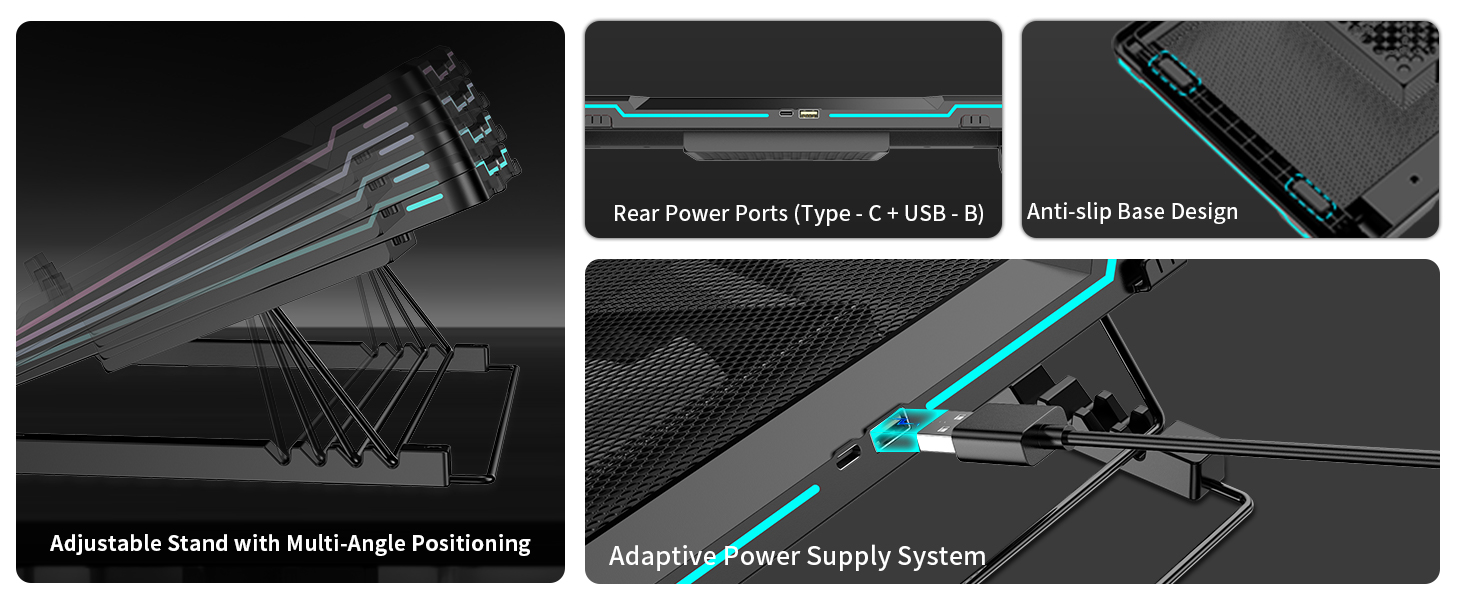 Adjustable stand, rear USB-A/B charging ports, anti-slip base, power reqs
