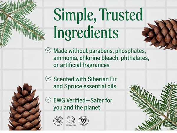 Scented with Siberian fir and spruce essential oils, no synthetic dyes or fragrances