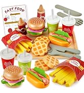 BUYGER Play Food Sets for Kids Kitchen, Wooden Fast Food Hamburger Play Set, Pretend Play Kitchen...