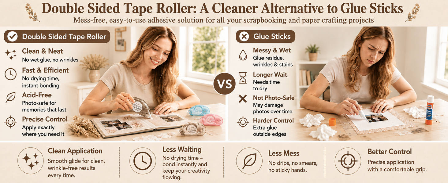 Double-sided glue tape runner, glue sticks, scrapbook tape, card making