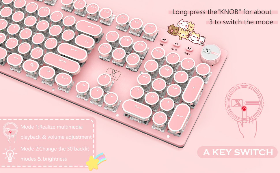104-Key Gaming Keyboard with White LED Backlit Steampunk Retro Round Keycaps for PC/Mac-Pink