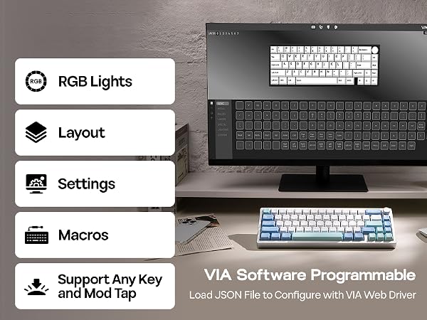 Computer setup with monitor, two keyboards, and menu showing RGB Lights, Layout, Settings, Macros, and Support Any Key options. VIA Software Programmable text visible.