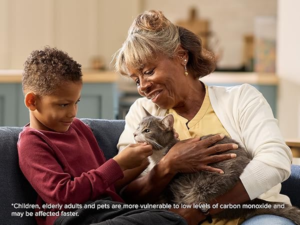 A grandma and grandson petting a cat, Kidde low level carbon monoxide alarms protection, mobile