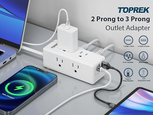 TOPREK 2 Prong to 3 Prong Outlet Adapter