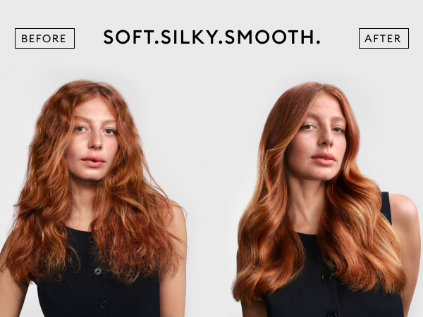 Model with red hair, frizzy on the left and sleek on the right, against a clean white background.