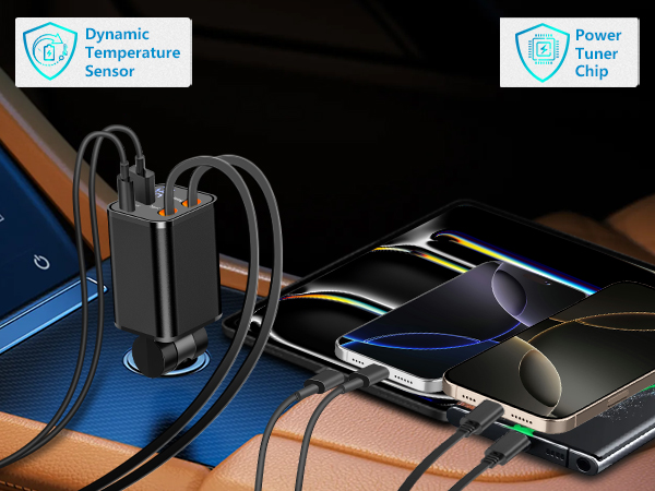 MFi Certified 4 in 1 Retractable Car Charger 120W USB C Car Charger Cigarette Lighter Adapter