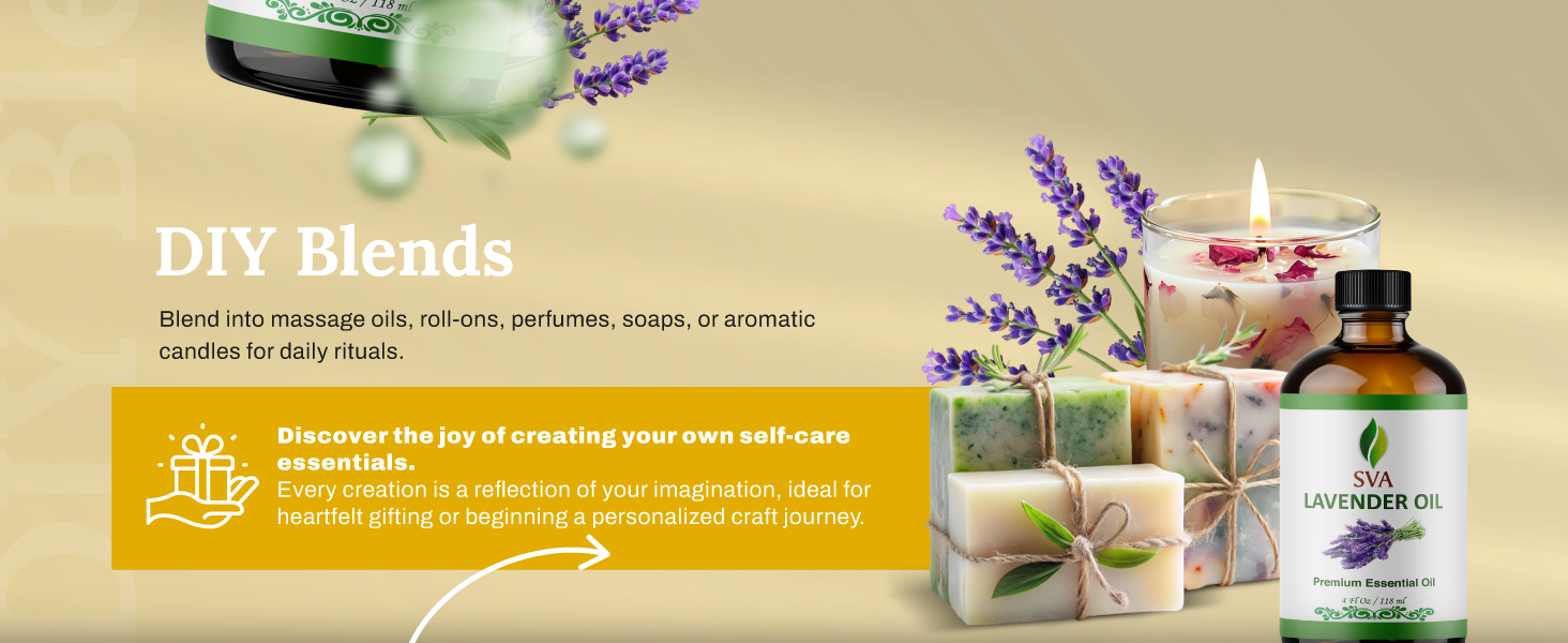 An amber glass bottle of lavender oil is being used for crafting DIY scented candles and soap