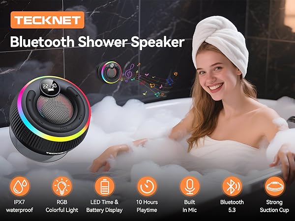 Text reads 'TeckNet Bluetooth Shower Speaker' with icons showing: waterproof, ColorLight, Battery Display, Playtime, In-line, 5.3, Suction Cup. Shows black circular speaker with rainbow LED ring.
