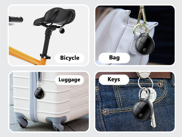Text labels: 'Bicycle', 'Luggage', 'Bag', 'Keys'. Product demonstration showing magnetic key holder attachment being used in different scenarios with various items.