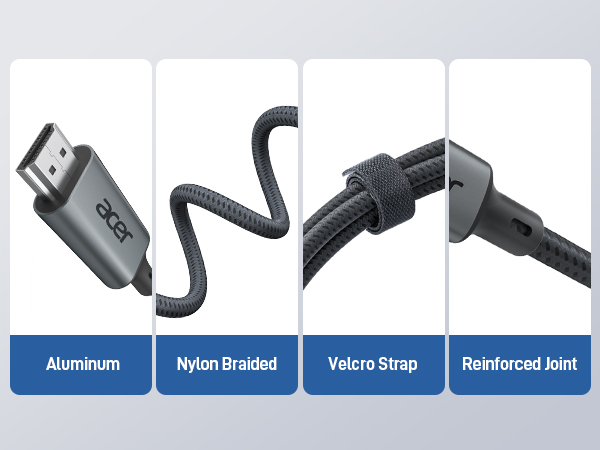 Charging cable with aluminum connector, nylon braided cord, velcro strap, and reinforced joint, shown in segmented product feature display.