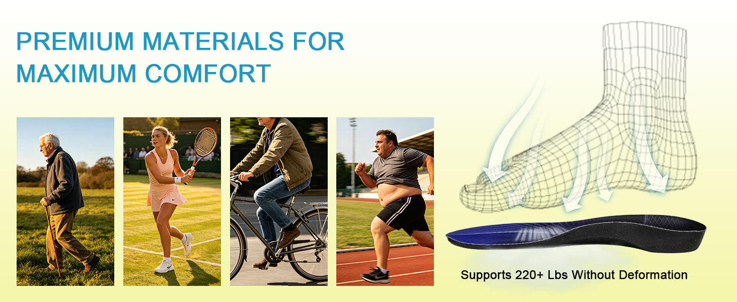220+lbs Heavy Duty High Arch Support Inserts with Comfort Cushion Orthotic