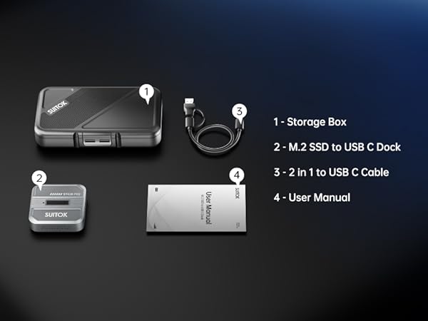 Package includes aluminum M.2 SSD reader, 2-in-1 USB C cable, and portable carrying case.