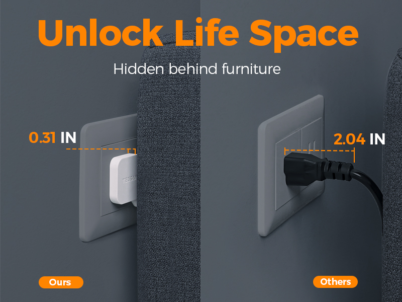 Ultra Thin Flat Extension Cord 5 FT, TESSAN Slim Power Strip with USB Ports