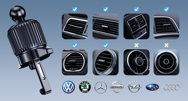 Car air vent mounting clip compatibility chart showing various vent styles and automotive brand logos including Volkswagen, BMW, Mercedes, and others.
